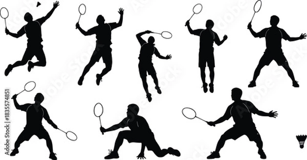 Fototapeta Dynamic Badminton Player Silhouettes Set, Male Athletes in Action Poses of Jumping, Smashing, and Serving the Shuttlecock for Sports Competition and Fitness Vector Design Isolated.