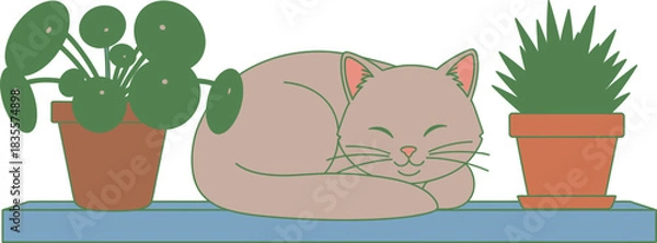 Fototapeta Cozy tabby cat napping peacefully on a shelf surrounded by potted houseplants a charming and relaxing scene isolated on white background