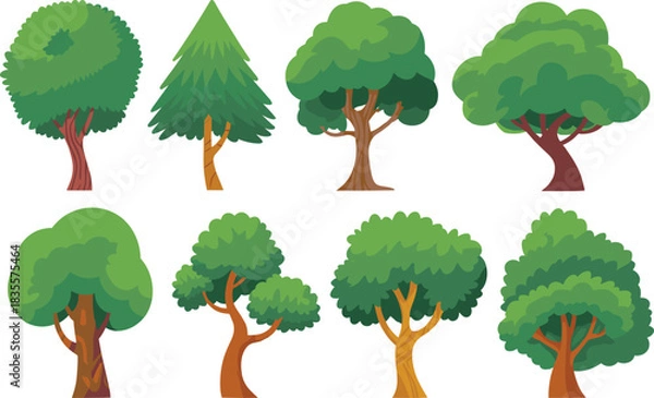 Obraz Stylized cartoon tree illustration set featuring diverse trunk textures and foliage shapes for nature, design, and educational themes.