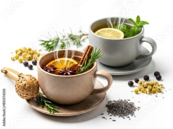 Fototapeta Two cups of herbal tea with spices and herbs isolated on white background