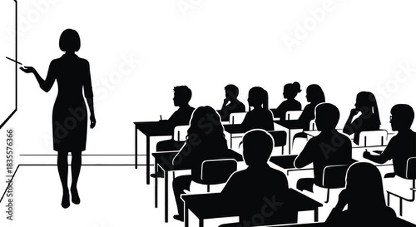 Fototapeta Teacher silhouetted presenting lesson to students seated at desks in classroom learning education concept isolated on white background