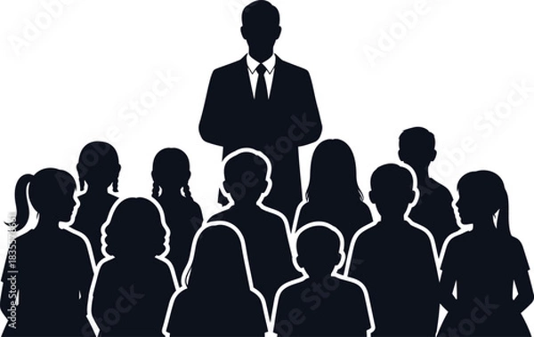 Fototapeta Leader stands tall above diverse group of silhouetted figures symbolizing teamwork and following direction isolated on white background