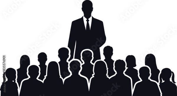 Fototapeta Silhouette of a confident leader standing tall above a diverse group of people symbolizing teamwork business success and unity isolated on white background