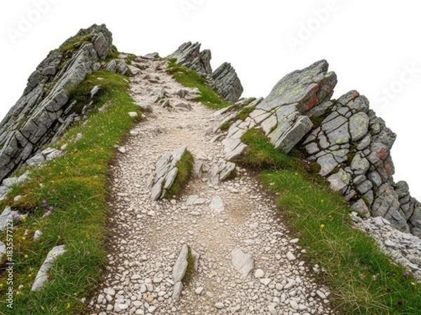 Fototapeta Rocky mountain path with green grass isolated on white background