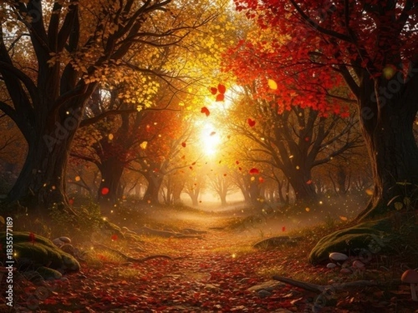 Fototapeta Enchanting autumn forest path illuminated by golden sunlight isolated on white background