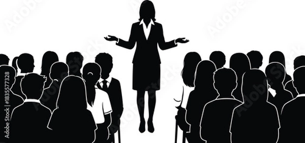 Fototapeta Silhouette of a confident businesswoman speaking to a diverse crowd of people in a professional setting promoting leadership and communication skills isolated on white background
