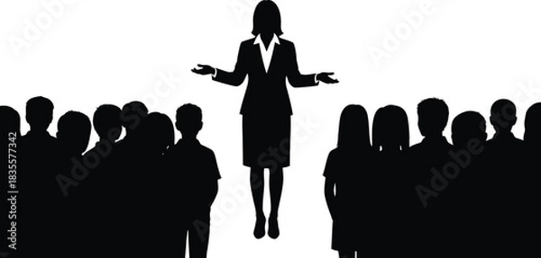 Fototapeta Silhouette of a confident businesswoman in a suit presenting to a diverse audience of people during a conference or meeting conveying leadership and communication isolated on white background