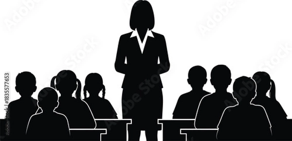 Fototapeta Silhouette of a confident teacher leading a class of students engaged in learning and education in a classroom setting isolated on white background