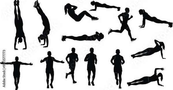Fototapeta Female Fitness and Plank Exercise Silhouettes Set, Women Performing Standard Plank, Side Plank, and Push-up Variations for Core Strength, Training, and Workout Vector Design Isolated.