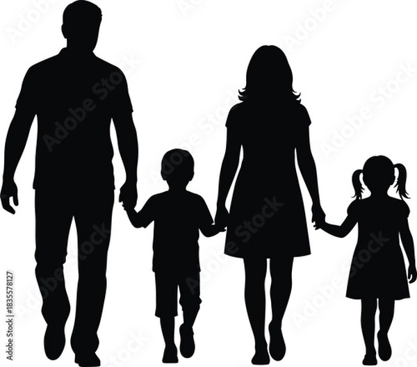 Fototapeta Silhouette of a happy family walking together holding hands representing love unity and connection isolated on white background