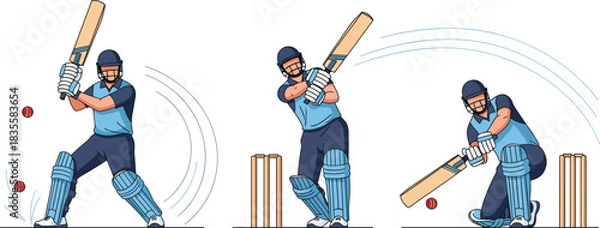 Obraz Cricket batting technique illustration—vector of three action poses with helmet, gloves, pads, and blue uniform