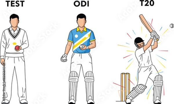 Obraz Cricket format trio illustration—vector of Test, ODI, and T20 players with ball, bat, stumps, and motion