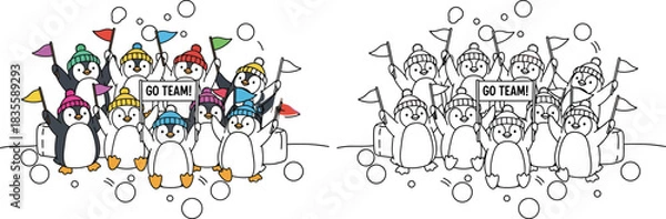 Obraz Cheerful Cartoon Penguin Team Cheering Winter Sports Fan Group
