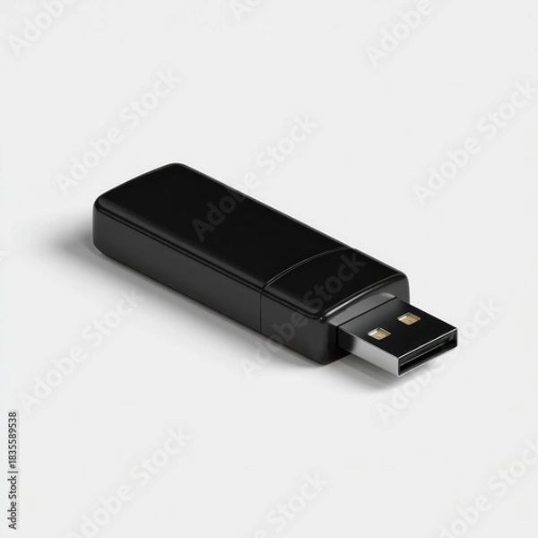 Obraz Black USB Flash Drive on White Background for Data Storage.