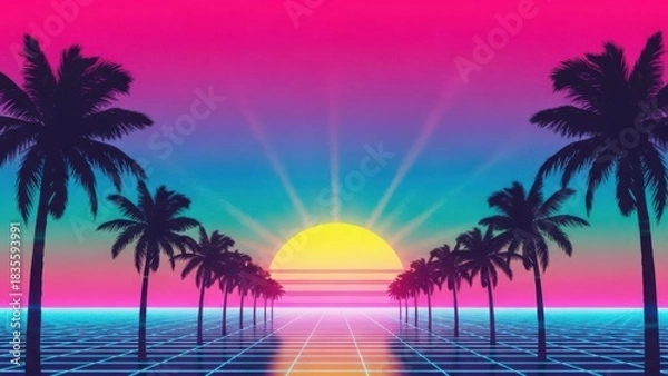 Obraz Retro sunset landscape with palm tree silhouettes and glowing neon grid
