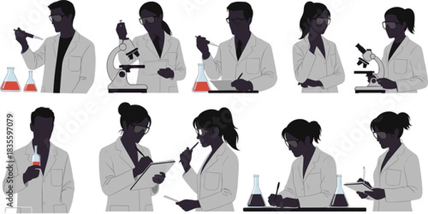 Fototapeta Vector illustration collection of diverse scientists working in a laboratory, using microscopes, beakers, and pipettes for chemical research and scientific analysis.