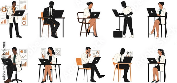 Fototapeta Vector illustration set of diverse business people and professionals working on laptops, symbolizing remote work, digital communication, online education, and modern office careers.