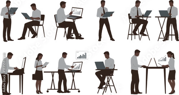 Fototapeta Vector illustration set of diverse business professionals and data analysts working on laptops with charts and graphs, symbolizing research, finance, and office work.