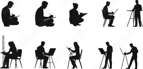 Fototapeta Vector silhouette and outline collection of business people shaking hands, illustrating professional collaboration, partnership agreement, successful negotiation, and corporate cooperation concepts.