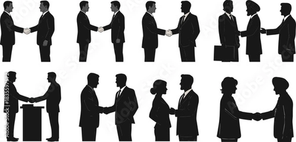 Fototapeta Vector silhouette collection of business people shaking hands, illustrating successful negotiation, partnership agreement, cooperation, and professional greeting concepts.