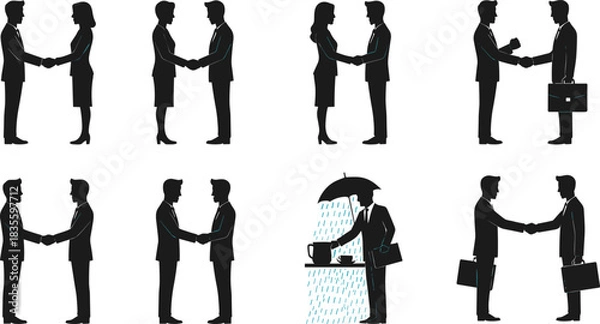 Fototapeta Vector silhouette collection of diverse business people shaking hands, illustrating successful negotiation, partnership, multi-ethnic agreement, cooperation, and professional greeting concepts.