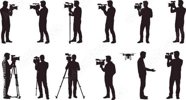 Fototapeta Vector silhouette collection of photographers taking pictures in a city with skyscrapers, illustrating urban photojournalism, visual media, and professional creative careers.