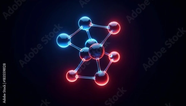 Obraz A molecular structure and a couple of atoms of red and blue spheres connected on a solid black background. 