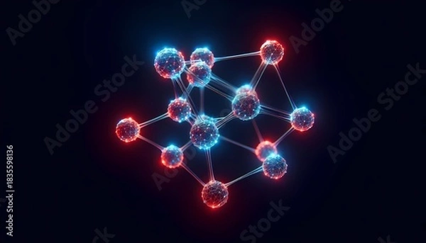 Obraz A molecular structure and a couple of atoms of red and blue spheres connected on a solid black background. 
