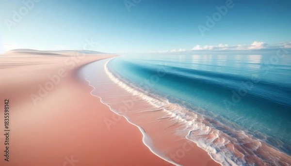 Obraz Aerial view of beach with lapping waves, with pink sand and cerulean blue water