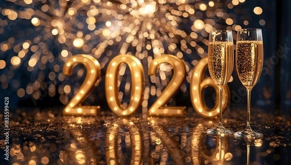 Obraz Four happy children celebrating New Year 2026 with party hats and bright sparklers.