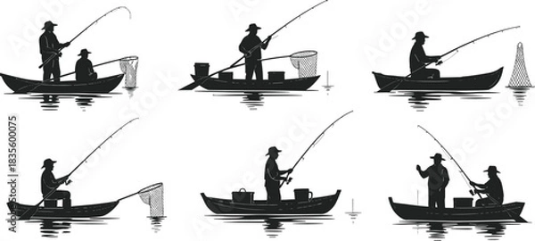 Fototapeta Fishing silhouette illustration set, anglers in action, boat and shore poses, outdoor activity vector, hobby graphic design bundle