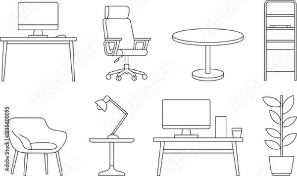 Fototapeta Office furniture line art illustration set with desk, chair, computer, table, lamp, shelf, indoor plant elements, flat vector illustration
