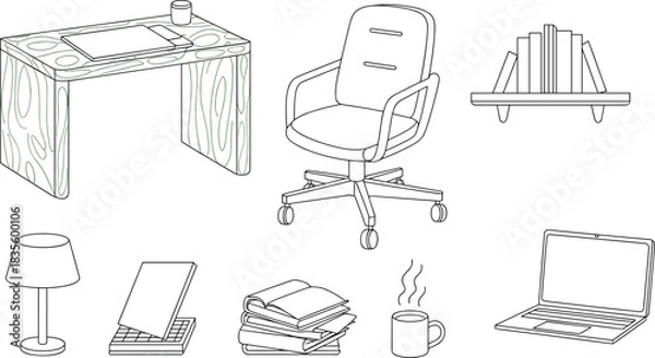 Fototapeta Office workspace line art illustration set with desk, chair, laptop, books, lamp, shelf, coffee mug, minimal outline design