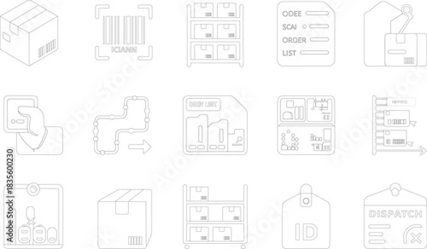Fototapeta Warehouse logistics icons set, inventory management symbols, barcode scanning elements, order processing signs, supply chain operations graphics, flat vector illustration
