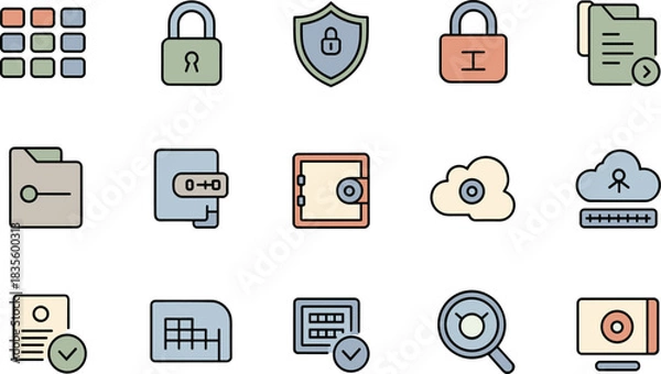 Fototapeta Cybersecurity icons set, data protection symbols, secure files, cloud security, encryption locks, privacy shield, technology safety elements, flat vector illustration