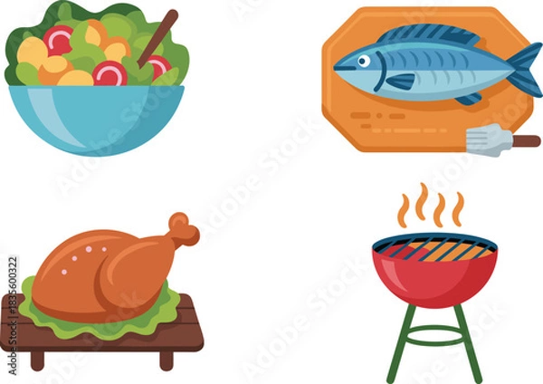 Fototapeta Colorful food icons featuring fresh salad, raw fish, roasted chicken, and barbecue grill in modern flat vector illustration style, cooking elements