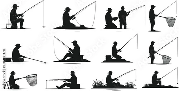 Fototapeta Fishing silhouette illustration set, anglers in action, boat and shore poses, outdoor activity vector, hobby graphic design bundle