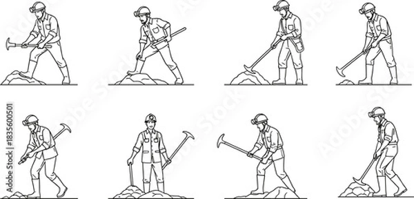 Fototapeta Black and white line art vector collection of miners or geological workers with picks, illustrating resource excavation, digging, and manual labor in the mining industry.