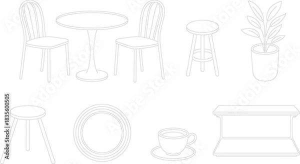 Fototapeta Minimal line art illustration of chairs table stools plant cup plate and shelf in modern clean furniture outline style