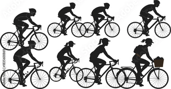 Fototapeta Cyclist silhouette illustration set, biking activity icons, casual and racing poses, commute vector, bicycle rider graphic design bundle