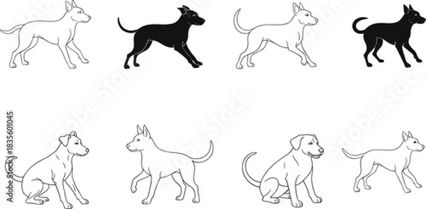 Fototapeta Dog silhouette illustration set, standing and sitting poses, breed posture icons, pet gesture vector, canine graphic design bundle