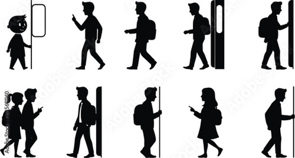 Fototapeta Door interaction silhouette set, walking pointing entering poses, human motion icons, vector bundle, graphic activity design pack
