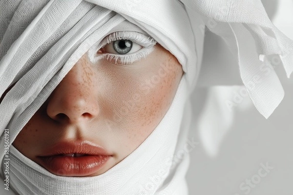 Obraz Female eye makeup close-up. Beauty woman with white make up. Beautiful female face with bright make-up, closeup. Fashion look. Colour trend of 2026. Cloud Dancer Color Pantone 11-4201, concept