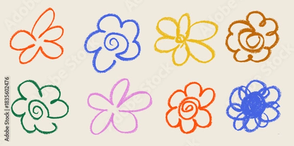 Obraz Hippie Flowers Crayon Chalk Drawing Doodle Vector Set