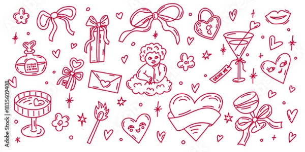 Obraz Valentine doodle set with romantic hearts, bows, gifts and cute Cupid illustration