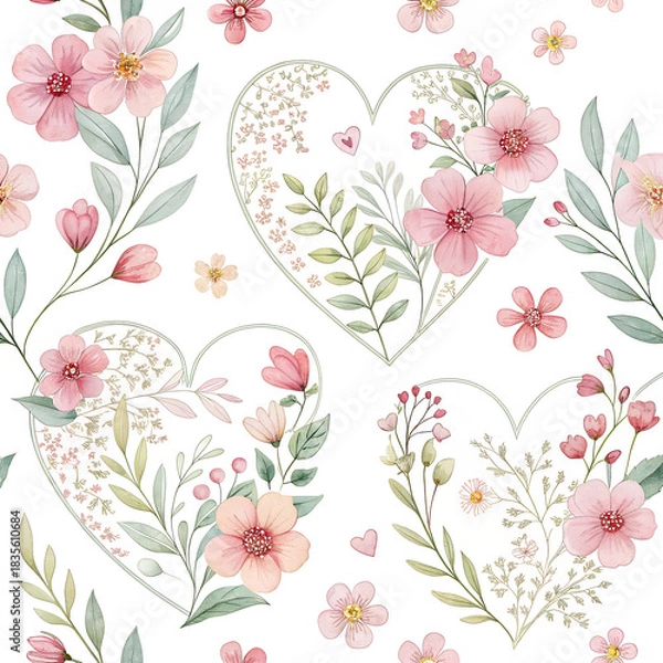 Fototapeta Floral hearts pattern — heart shapes made of flowers, soft watercolor, seamless spring feel