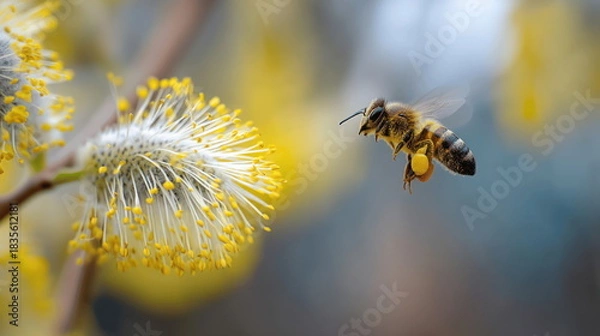 Fototapeta Honeybee pollinates a vibrant yellow flower in spring garden amidst blooming nature Generative AI