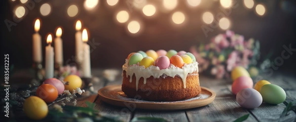 Obraz Colorful Easter cake with candy eggs on a wooden table decorated with candles and flowers during spring evening Generative AI