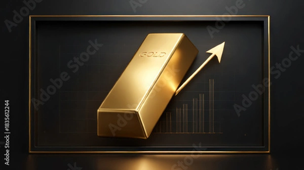 Fototapeta Gold bar with upward trend in price displayed on a sleek background with graphs indicating market growth Generative AI
