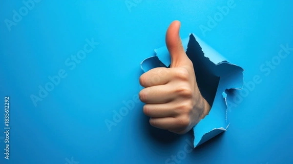 Obraz Hand giving thumbs up emerging from torn blue paper background during a creative expression moment Generative AI
